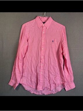 Ralph Lauren Shirt Mens Medium Pink Linen Long Sleeve Button Down Pony Logo